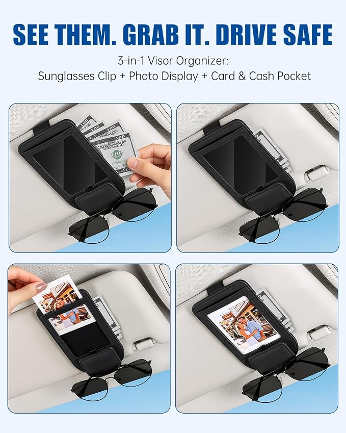 Car Visor Sunglasses Holder, 3 in 1 Glasses Clip with Photo Picture Display & Extra Storage Pocket, Anti-Slip Universal Sun Visor Organizer, 2026 Upgraded (2, Black) - Image 6