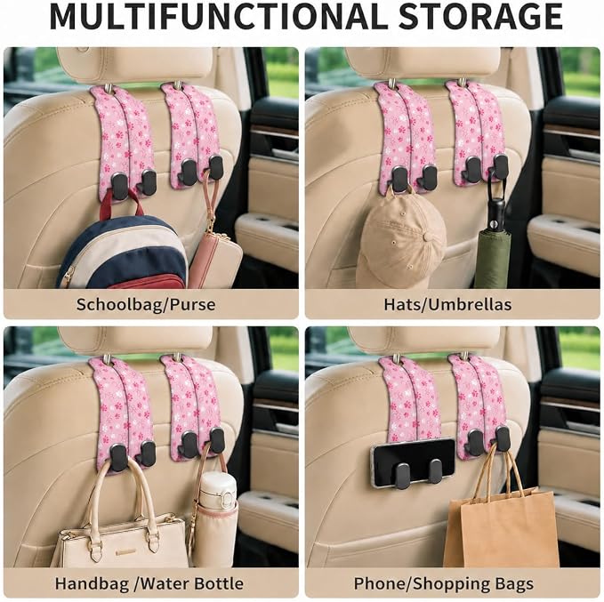 Cute Pink Paw Car Seat Back Storage Headrest Hooks for Purses & Bags – 2PCS PU Leather Dual Metal Hooks, Backseat Organizer Accessories - Image 6