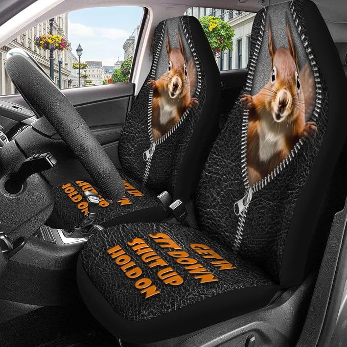 GENANY Funny Squirrel Car Seat Covers, 2-Piece Front Seat Set | 2-piece polyester front seat cover set, each 35 x 21 x 21 inches, with adjustable straps and hooks - Image 3
