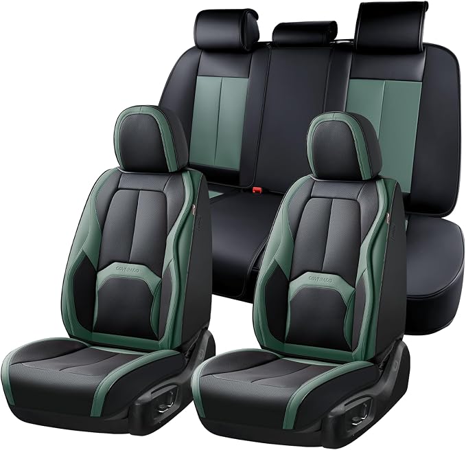 Coverado Car Seat Covers Full Set, Green Car Seat Cover, Car Leather Seat Protector with Lumbar Support, Waterproof Car Seat Cushion, Leather Seat Covers Universal Fit Most Cars, (Black&Green) by COVERADOAUTO
