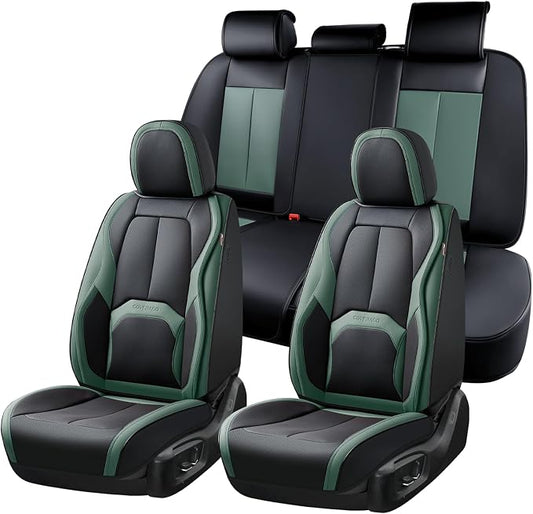 Coverado Car Seat Covers Full Set, Green Car Seat Cover, Car Leather Seat Protector with Lumbar Support, Waterproof Car Seat Cushion, Leather Seat Covers Universal Fit Most Cars, (Black&Green) by COVERADOAUTO
