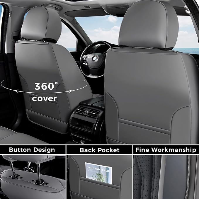 Coverado Front Seat Covers, Car Seat Protector, Waterproof Nappa Leather Cushion, Fit for Most Sedans SUV Pick-up Truck-Gray&Black - Image 2