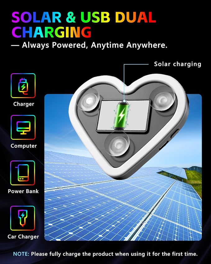 1PCS Car LED Ambient Lights, Car Triangle Window Solar-Powered Heart Shaped Atmosphere Light with 8 Switchable Lighting Modes, Rechargeable Romantic Neon Heart Light for Interior Car(Colorful) - Image 5