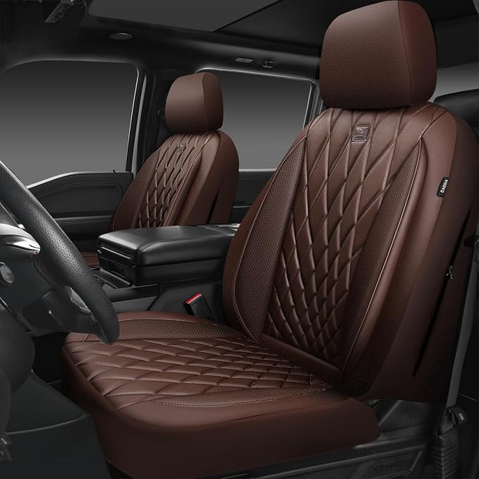 CAR PASS Piping Luxury Faux PU Leather Two Front Car Seat Covers, Waterproof Anti Slip Seat Covers Compatible with Front Seat Armrests,Universal Fit for Suvs,Vans,Trucks,Airbag Compatible, All Brown by CARPASS