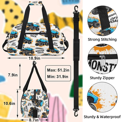 Gym Travel Duffle Bag for Boys - Blue Monster Car Trucks Kids Overnighter Weekend Bag with Front Zipper Pocket for School Practice, Teens Carry-On Size Sleepover Bags - Image 2
