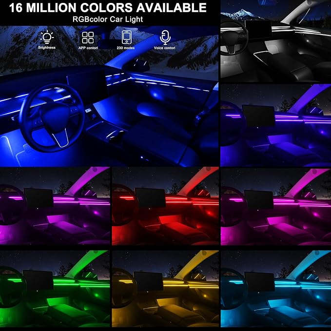 Acrylic Interior Car LED Strip Light with Wireless APP, Car Accessories 18 in 1 with 175 inches 593 LEDs Fiber Optic Ambient Lighting Kits, RGB Dynamic Music Sync Neon LED Strip Light for Car - Image 3