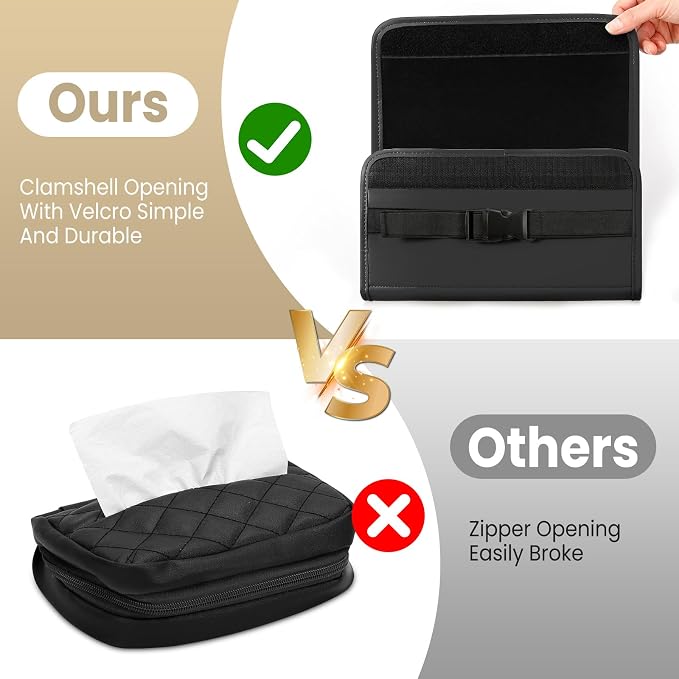 WHHMK Large Car Tissue Holder Refill Easily Clamshell Opening, Black 2PC | Tissue Box Cover Keep Car Tidy, Premium PU Leather Backseat Napkin Rectangle Organizer in Auto, Fits 100-150 Count Tissues - Image 3