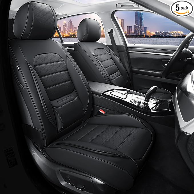 Car Seat Covers Full Set, 5Pcs Universal Leather Seat Covers for Cars, Waterproof Front and Rear Seat Covers Breathable Automotive Vehicle Seat Cover for Most Trucks, SUVs, Sedans, Black by COVEREMPIRE