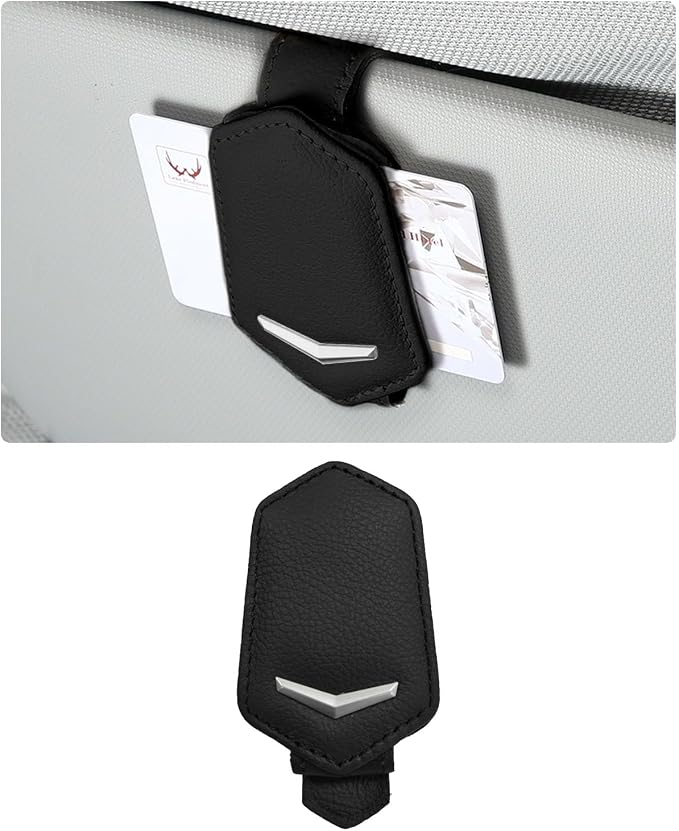 Dickno Sunglasses Holder for Car Sun Visor, Magnetic Leather Glasses Hanger Mounted with Ticket Card Clip, Universal Vehicle Interior Accessories for Different Size Eyeglasses (Black) by Dickno