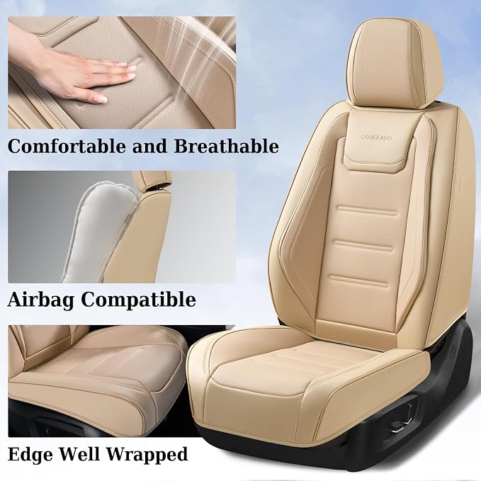 Coverado Car Seat Covers Full Set, Waterproof Car Seat Protector, Leather Seat Cushion, Universal Car Interior Covers Seat Protectors for Most Cars Beige - Image 4