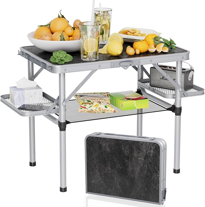 Titanker Folding Camping Table Small 2ft, Small Camp Table Portable with Side Racks & Storage Net, Folding Picnic Beach Table Portable, Car Camping Essentials, Aluminum Light Solid, Silver by Titanker