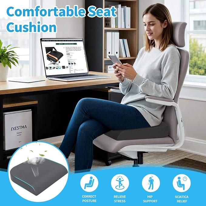 TranquilRelax Memory Foam Seat Cushion for Office Chair, 3-Inch, Gray | Medium-firm Support for Long Sitting, Washable Mesh Cover, Non-slip Base, Perfect for Car Seats & Short Drivers - Image 7