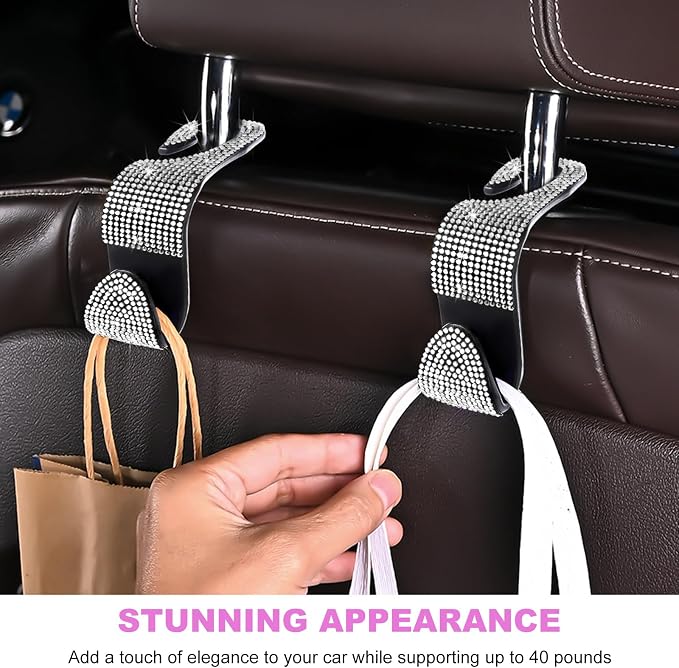 4 PCS Bling Car Seat Headrest Hooks, Rhinestone Vehicle Backseat Storage Hanger Backpack Hook, Sparkly Multi-Functional Headrest Purse Holder for Car Truck SUV RV (White) - Image 5