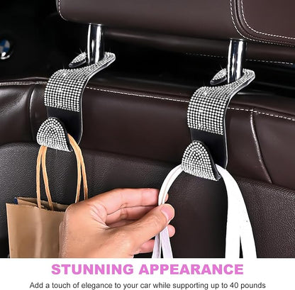 4 PCS Bling Car Seat Headrest Hooks, Rhinestone Vehicle Backseat Storage Hanger Backpack Hook, Sparkly Multi-Functional Headrest Purse Holder for Car Truck SUV RV (White) - Image 5
