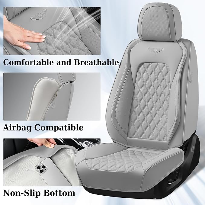 Coverado Full Set Car Seat Covers, Luxury Faux Leather Waterproof Seat Covers, Gray Car Seat Protectors, Universal Fit, Leather Seat Cushions for Cars-Gray - Image 2