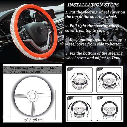 New Diamond Leather Steering Wheel Cover with Bling Crystal Rhinestones | Universal Fit 15 Inch Car Wheel Protector for Women Girls Orange - Image 7