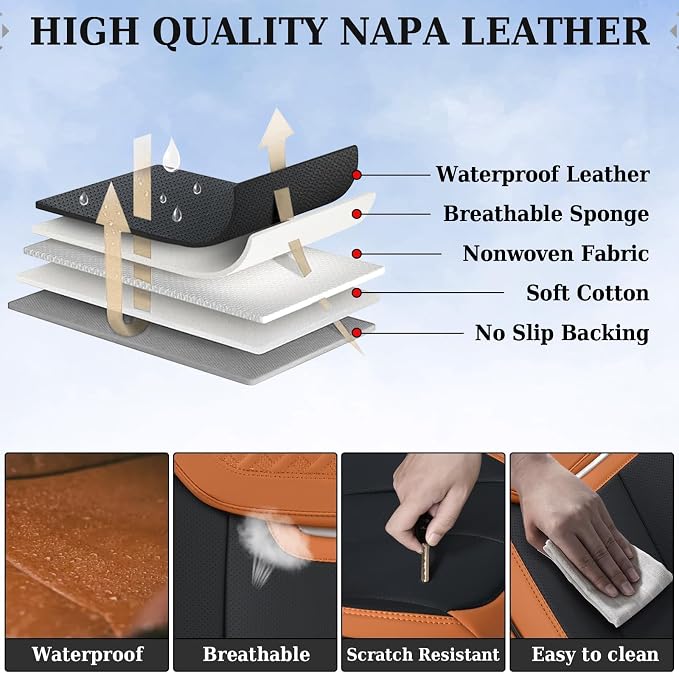 Coverado Car Seat Covers Full Set, Breathable Nappa Leather Seat Covers for Cars, Automotive Seat Covers, Waterproof Front and Back Car Seat Protector Universal Fit Most Cars(Brown&Black) - Image 9