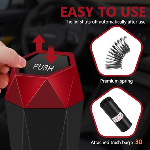 Car Trash Can with Lid, Leakproof, 30 Trash Bags, Red, 2 Pack | Small Garbage Can for Car, Car Accessories for Interior, Multipurpose Organizers and Storage Solutions for Home, Office - Image 2