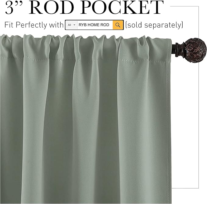 RYB HOME Blackout Curtains for Bedroom Living Dining Room 84 inches Long | Privacy Protection,Thermal Insulated,Sunlignt Heat Blocking,Drapes for Nursery Rental Room,W42 x L84,Greyish Green,2 Panels - Image 2