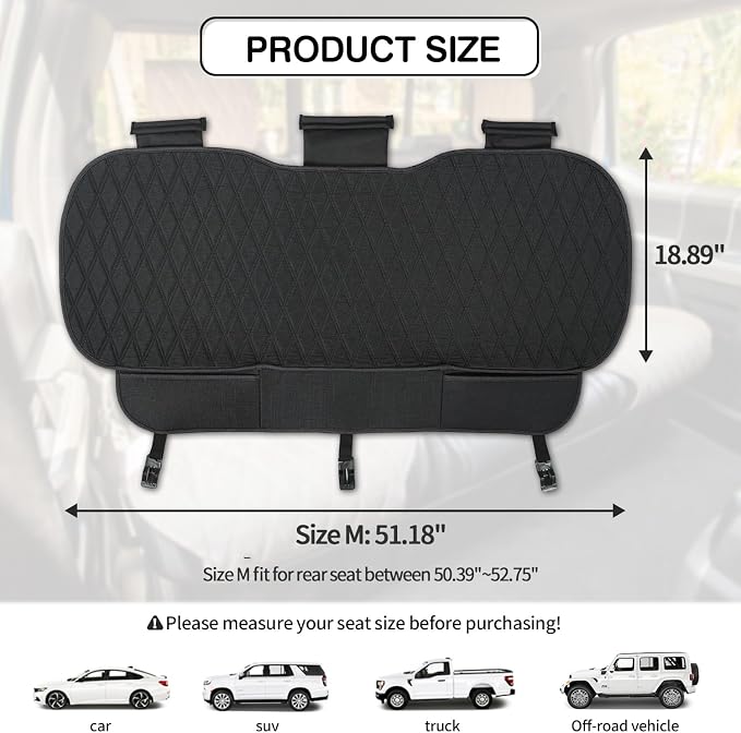 Leader Accessories Faux Linen Rear Bench Seat Cover, Size M, Black | Breathable Back Seat Protector With Non-Slip Bottom, Diamond Stitched Bench Seat Cushion for Vehicles Cars Van SUV Truck - Image 6