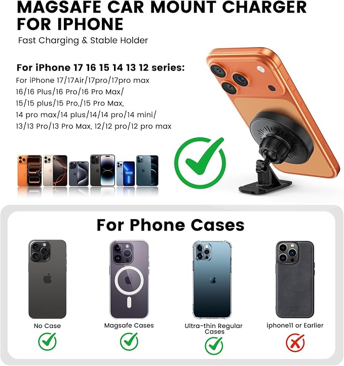 Magnetic Car Mount Charger 15W Magnetic Wireless Car Charger for iPhone 17 Accessories Magnetic Phone Holder for Car 3 in 1 Magnetic Car Mount for iPhone17Pro/16/15/14/13/12 Series Gifts for Men Women | N52 Strong Magnets, 360° Rotation, Dashboard & Ve... - Image 5