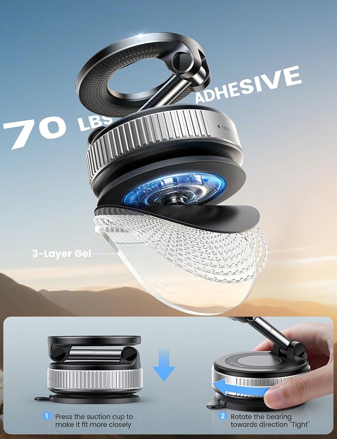 Lamicall for MagSafe Car Mount 70LBS Vacuum Suction Dashboard & Windshield | 20X Magnet Car Phone Holder 360° Foldable Magnetic Phone Holder for Your Car fit iPhone 17 16 15 14 Pro Max Gift Truck Silver - Image 3