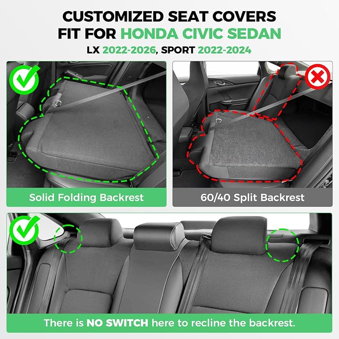 RIDEPOSH Custom Fit Seat Covers for Honda Civic 2022-2026 | Sedan LX 2022-2026, Sport 2022-2024, Faux Leather, Solid Bench Rear, No Rear Armrest, Waterproof, Airbag Compatible, Full Set - Image 2