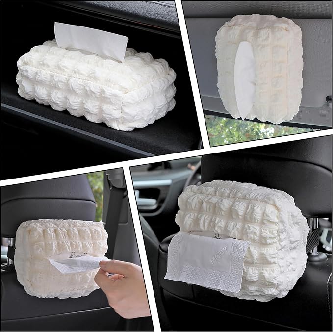 Beige White Car Tissue Holder, Car Standard Tissue Holder, Multi-Functional Car Tissue Boxes, Soft Puff Fabric with Adjustable Elastic Band, Keep Car Tidy, for Sun Visor, Backseat, Armrest - Image 5