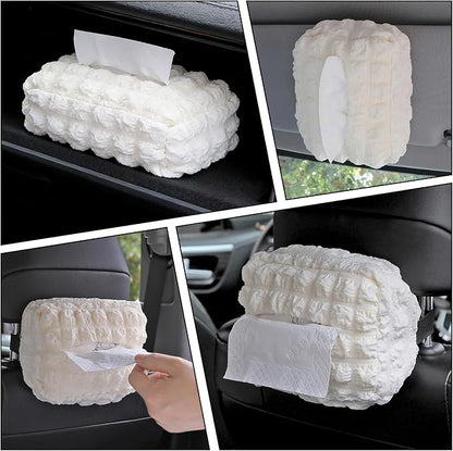 Beige White Car Tissue Holder, Car Standard Tissue Holder, Multi-Functional Car Tissue Boxes, Soft Puff Fabric with Adjustable Elastic Band, Keep Car Tidy, for Sun Visor, Backseat, Armrest - Image 5