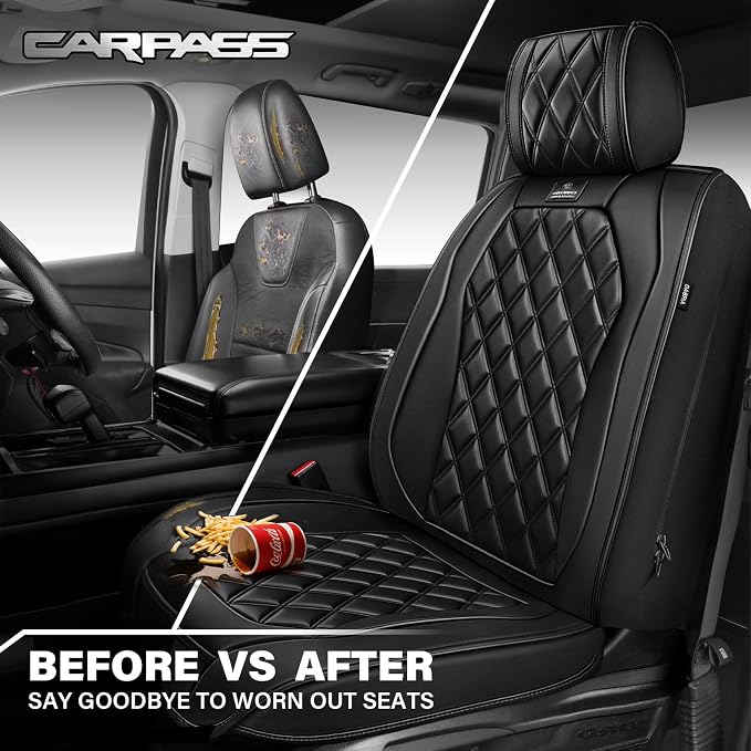 CAR PASS Luxury Nappa Leather Car Seat Covers Front Seats Only, Waterproof Faux Leather Front Seat Covers, Universal Automotive Seat Cushion Fit for Sedan SUV Truck Van, Airbag Compatible Rhomb Black - Image 6
