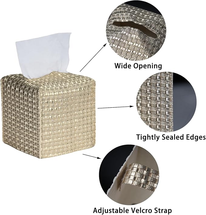 Tissue Box Cover 2-Pack, Square Tissue Holder with Bottom Belt, Modern Tissue Case Facial Paper Organizer Dispenser for Bathroom, Office, Home, Table, Car, Woven Pattern Golden - Image 2