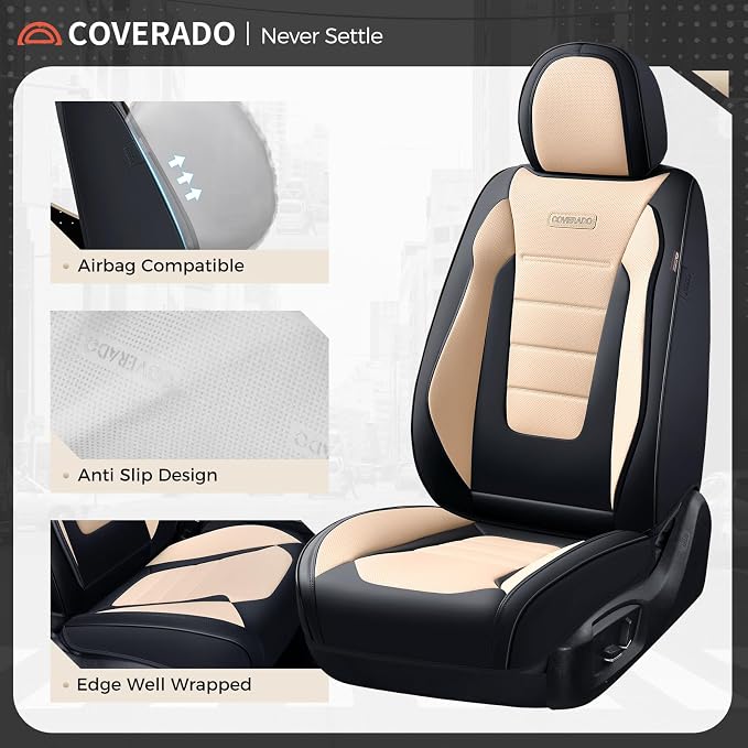 Coverado Car Seat Covers Full Set, Nappa Leather Seat Covers for Cars, Car Seat Protector Car Seat Cushion, Front and Back Seat Protectors Cushions Universal Fit for Most Cars Vehicles(Black&Beige) - Image 7