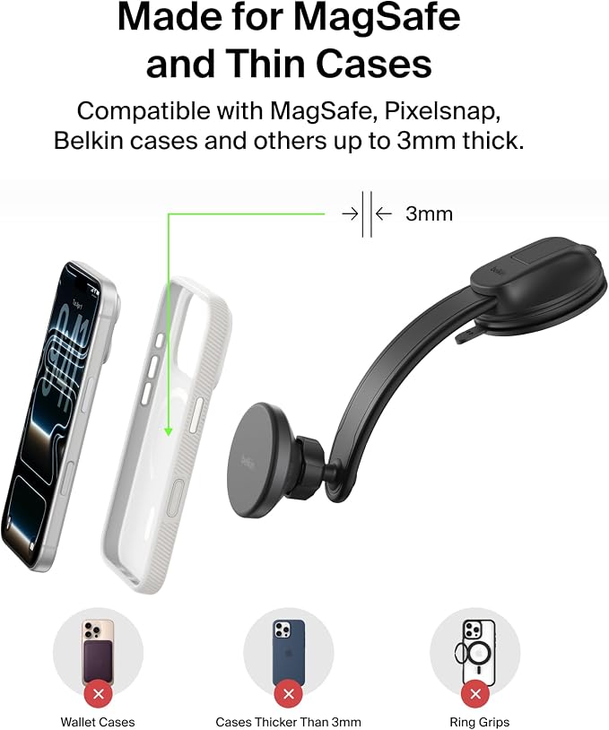 Belkin Qi2 15W Magnetic Wireless Dash Mount, Fast Charging Car Charger | MagSafe Compatible, iPhone 15/16/17, Samsung Galaxy S26, AirPods, iPads, MacBook, Chromebook, Car Phone Charger - Image 7
