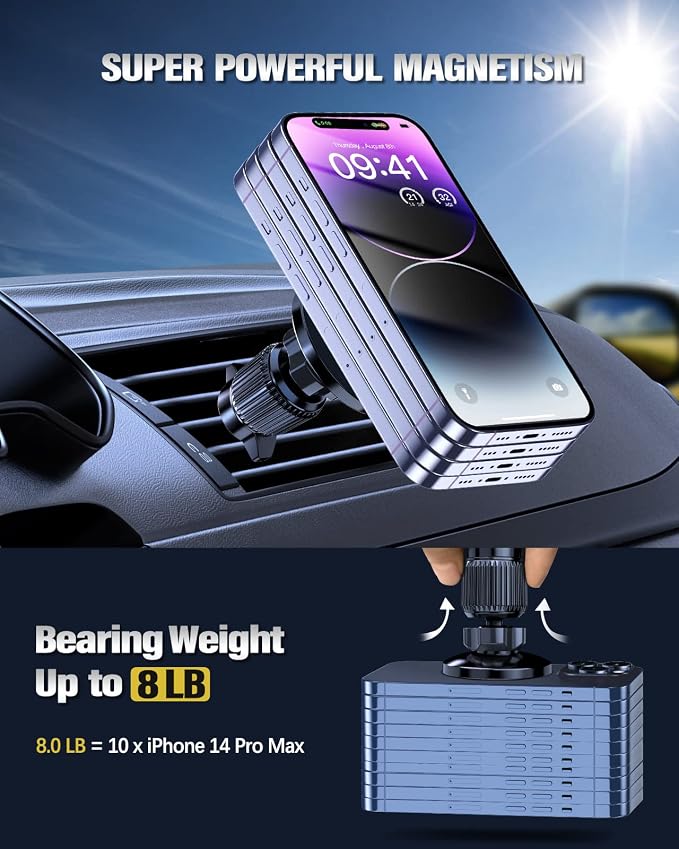 2 Magnetic Car Charger Mount 15W for iPhone 17-12 with 2 MagSafe Stickers | N52 Strong Magnets, 360° Rotation, Vent Mount, Compatible with Magnetic Cases, Gift for Men, Black - Image 5