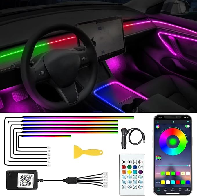 Acrylic Interior Car LED Lights with Remote and Wireless APP 6 in 1,Ambient Lighting Kits Fiber Optic Strip LEDs,16 Million Colors Music&DIY Function by TEKSHINNY