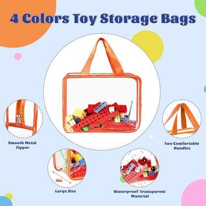 4 Pcs Storage Bags, Clear PVC Organizer with Zipper, Waterproof Travel Bags with Labels for Building Blocks, Puzzle, Books (multicolor1) - Image 3
