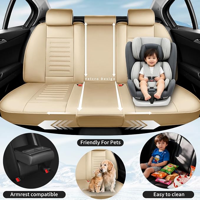 Fit CHR Car Seat Covers for Toyota CHR 2018-2021 2022 -Premium Leather, Waterproof，Breathable，All-Weather Seat Cushion Protecto & Airbag Compatible, Full Set Beige - Image 3