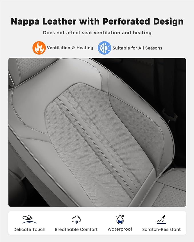Huidasource Gray Seat Covers, Luxury Faux Leather Car Seat Cover, Velcro Adjustable, with Airbags, Seat Belts, Thinning Design Perforation Cooling＆Heating, Fit for Most Cars, Vans, Trucks, SUVs, Gray - Image 6