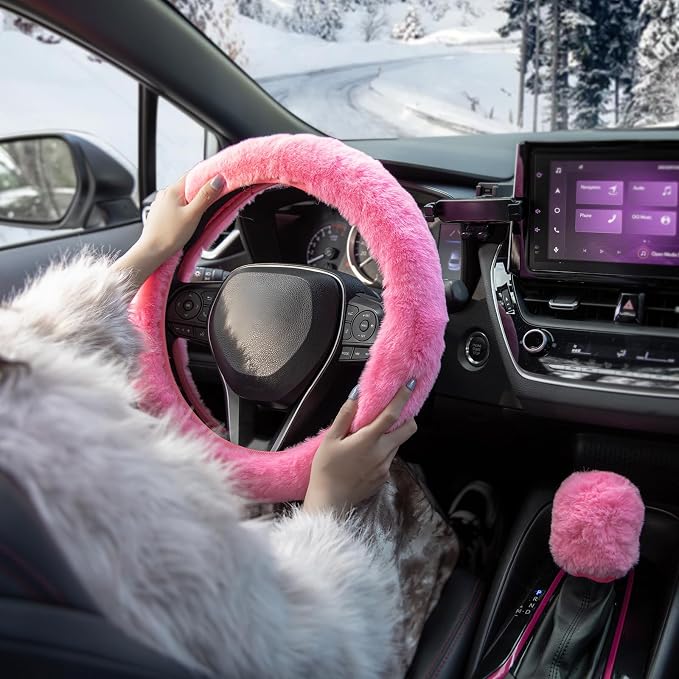 SEG Direct Furry Steering Wheel Cover, Fluffy Fuzzy Gear Shift Cover, Pink | Gear Shift Cover, 2 PCS Set, Soft and Warm, Cute Fur Auto Car Decor, Standard Size 14.5- 15 inch for Women Men - Image 6
