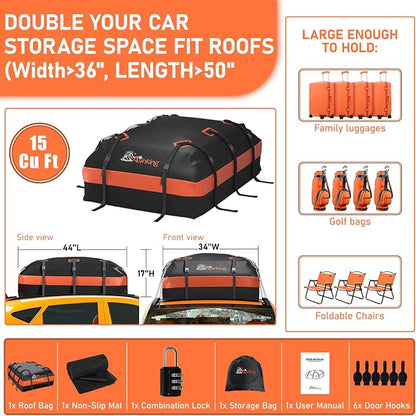 Car Roof Bag Rooftop top Cargo Carrier Bag 15 Cubic feet Waterproof for All Cars with/Without Rack, Includes Anti-Slip Mat, 10 Reinforced Straps, 6 Door Hooks, Luggage Lock - Image 6