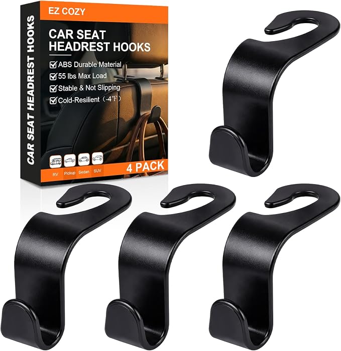 EZ COZY Purse Hook for Car 4 Pack, Deep Anti-Drop Car Seat Hooks for Headrest, Thick ABS Plastic Holds 55 Lbs, Heavy Duty Car Purse Holder & Car Accessories Interior for Handbags, Car Organizer Black by EZCozy