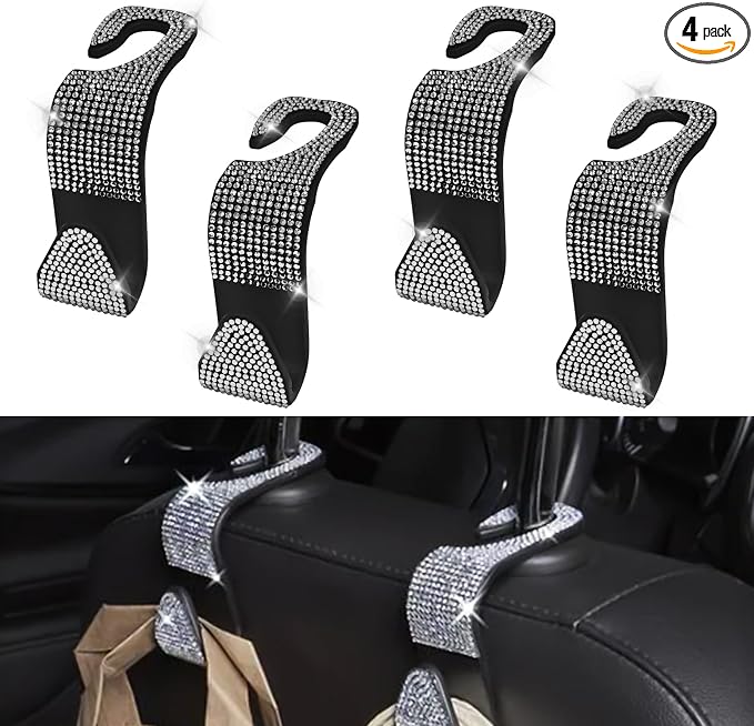 Bling Car Seat Headrest Hooks Car Accessories for Women Crystal Rhinestone Auto Seat Back Hanger Storage Organizer for Purse Handbag Coat, Universal Purse Hook for Cars SUV Truck（4PCS Silver by Unknown