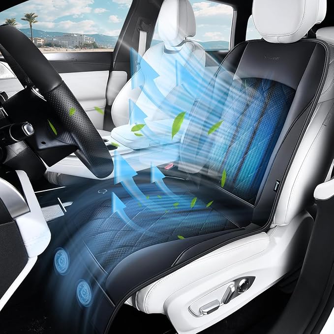 [2026 Upgrade] Cooling Car Seat Cover Ventilated Seat Cushion Summer Driving 12V-24V Ventilated Car Seat Cushion with 2 Powerful Turbo Fans with 3-Speed Adjustable Universal Fit Most Car-Light Black by FLORICH