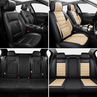 MINGBRON Car Seat Covers Full Set, Brown Car Seat Cover Lumbar Support, Car Seat Protector Waterproof, Nappa Leather Car Seat Cushion, Front Seats and Back Fit for Most Cars Beige - Image 2