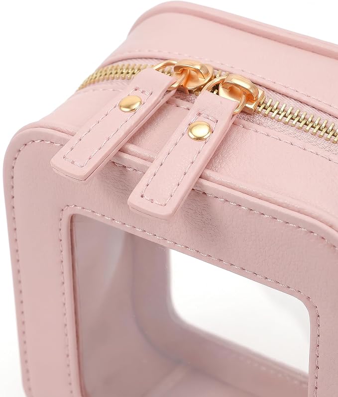 Small Makeup Bag for Purse Mini Cosmetics Bag Leather Cute Cosmetic Pouch for Women with Slip-in Pockets (Square, Light Pink) - Image 6