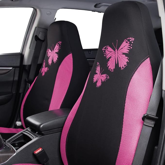 Flying Banner Butterfly car seat Covers ful Set Fashion Universal Lady Woman Female Rear Bench Split Colorized (2 Fronts, Pink) - Image 5