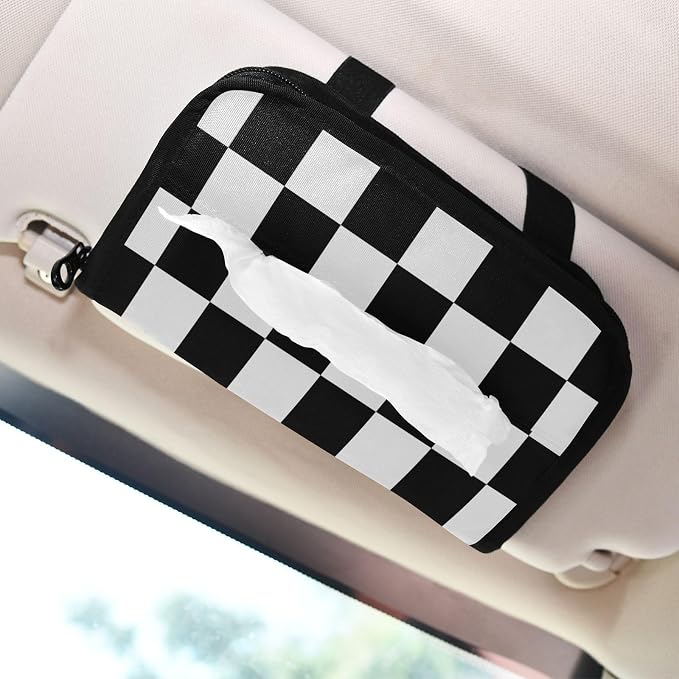 Car Tissue Holder Napkin Box Dispenser Storage Case Sun Visor Mask Holder With Adjustable Straps Reusable Refillable Checkered Black and White - Image 7