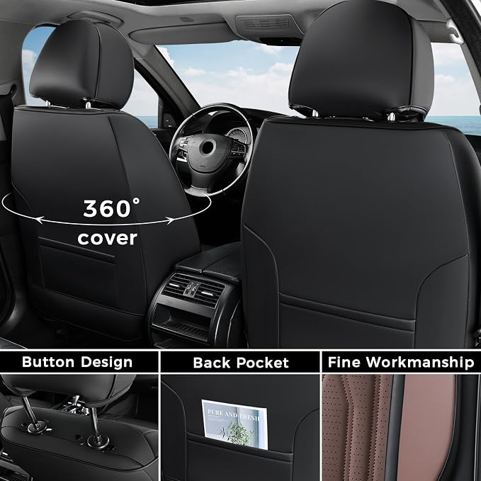 Coverado Front Seat Covers, Car Seat Protector, Waterproof Nappa Leather Cushion, Fit for Most Sedans SUV Pick-up Truck-Black&Coffee - Image 2
