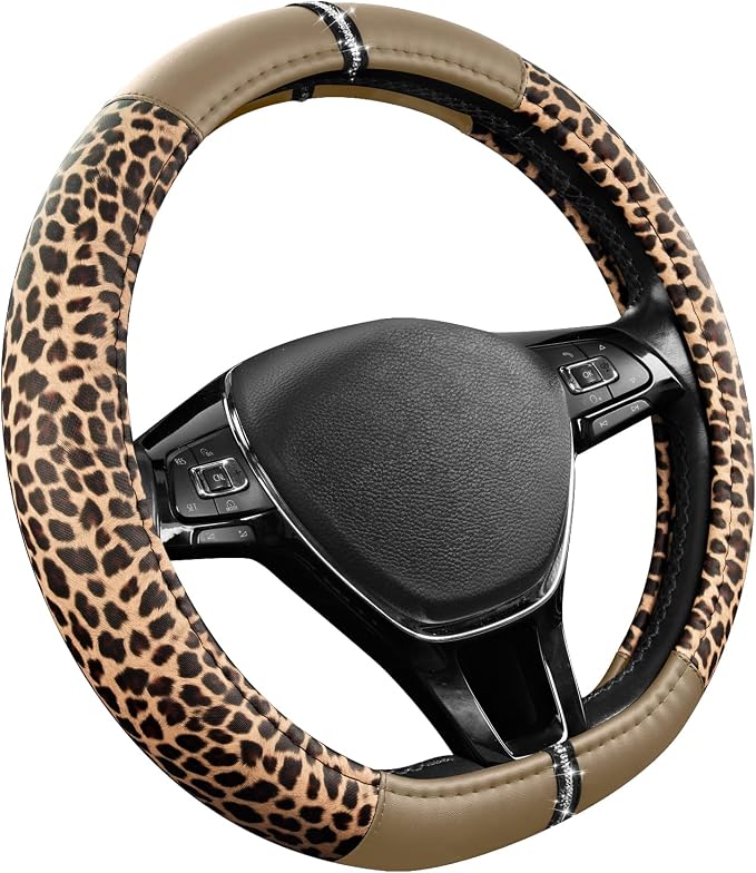 Road Comforts Leopard Steering Wheel Cover for Women, Cute Anti-Slip Microfiber Leather, Fits D Shape Flat Bottom Steering Wheel 14.5-15 Inch - Beige - Image 2