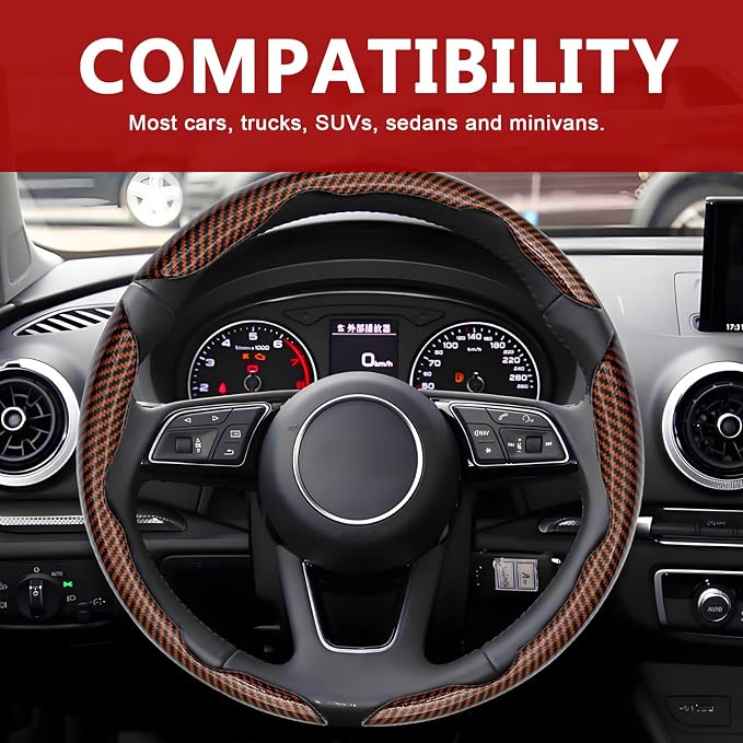 3pcs Universal Carbon Fiber Steering Wheel Cover - Anti-Slip & Segmented Design, Universal 99% Durable Steering Wheel Protector for Men and Women, Car Interior Accessory (Brown) - Image 7